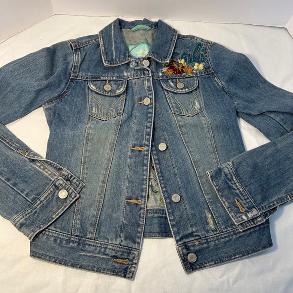 Hollister Jackets & Blazers - Hollister Cali Embroidered Denim Jacket Women's Size S Palm Trees Flowers‎ Y2K
